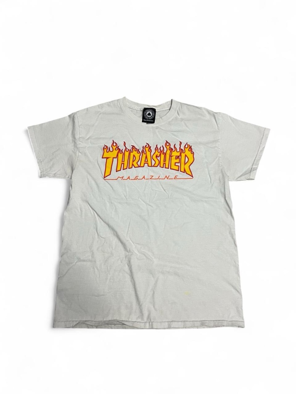 Vintage Thrasher Short Sleeve Tee - Light Gray with Yellow & Red Flame Logo